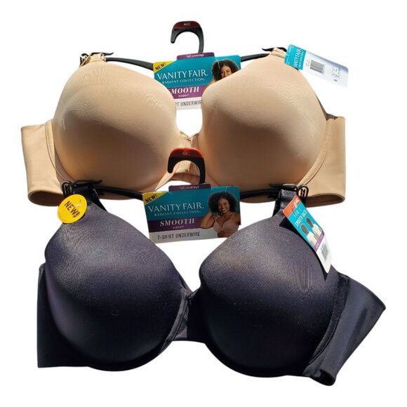 2Pk Vanity Fair SZ 44C Women's Underwire Full Coverage T-Shirt Bra Beige & Black - Picture 1 of 10